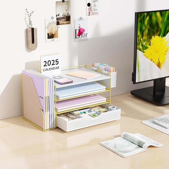 gianotter Wood Desk Organizers and Accessories with File Holder, 4-Tier Desk Accessories & Workspace Organizers with Drawer and Pen Holder, Paper Organizer for Office Supplies (Gold)