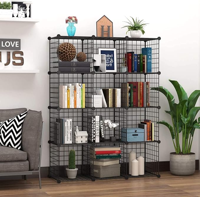HUBSON Wire Cube Storage Organizer, Book/Toy/Craft/Potted Plants and petCloset Organizers and Storage Shelves, 9-Cube Freely Combinable Metal Grids Storage Shelf,Black Iron