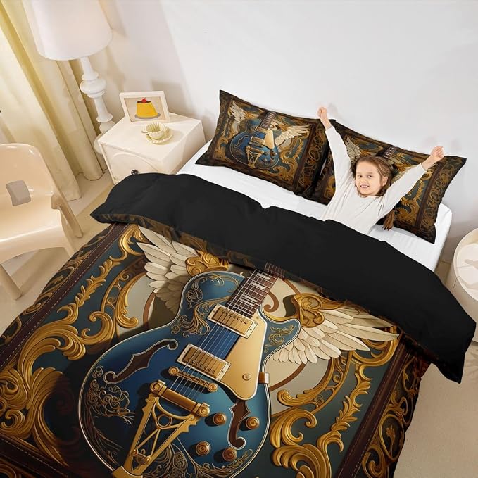 Erosebridal Guitar Bedding Set Full for Men Adults - Retro Baroque Rock Style Duvet Cover Luxury Angel Wings Guitar Comforter Cover,Rock Roll Music Aesthetic Bed Set