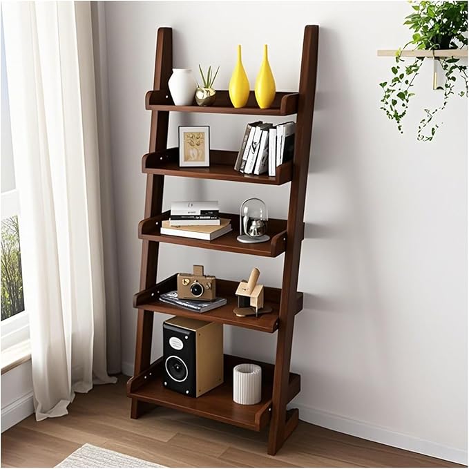 Ladder Shelf Bookcase, 5 Tier Walnut Wooden Ladder Bookshelf, Space-Saving Freestanding Storage Rack for Living Room, Home Office and Bedroom, 55.1" H