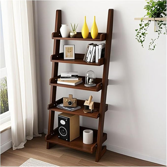 Ladder Shelf Bookcase, 5 Tier Walnut Wooden Ladder Bookshelf, Space-Saving Freestanding Storage Rack for Living Room, Home Office and Bedroom, 55.1" H