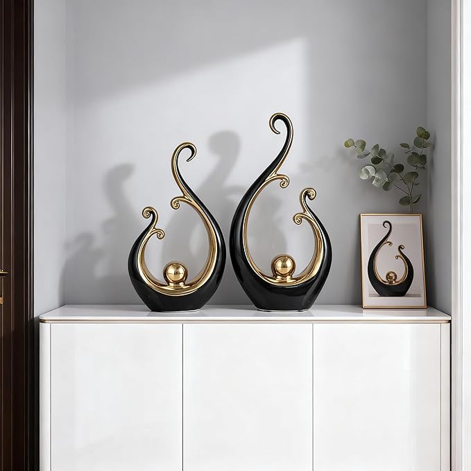 DOVDOV Black and Gold Home Decor, Abstract Ceramic 2-Piece Sculpture Set, Modern mid-Century Art Statues, Perfect for Accent Tables, countertops, Coffee Tables, and entryway Decor.