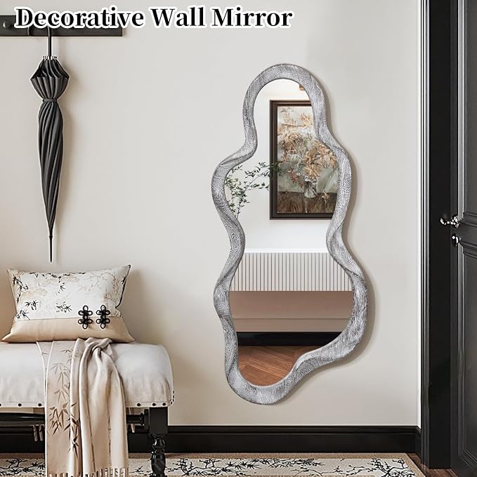 Irregular Asymmetrical Mirror for Wall Decor Large Modern Wooden Framed Wall Mirror Unique Shape Wall Mounted Vanity Artistic Wavy Mirror Decorative for Living Room Bedroom Bathroom Entryway