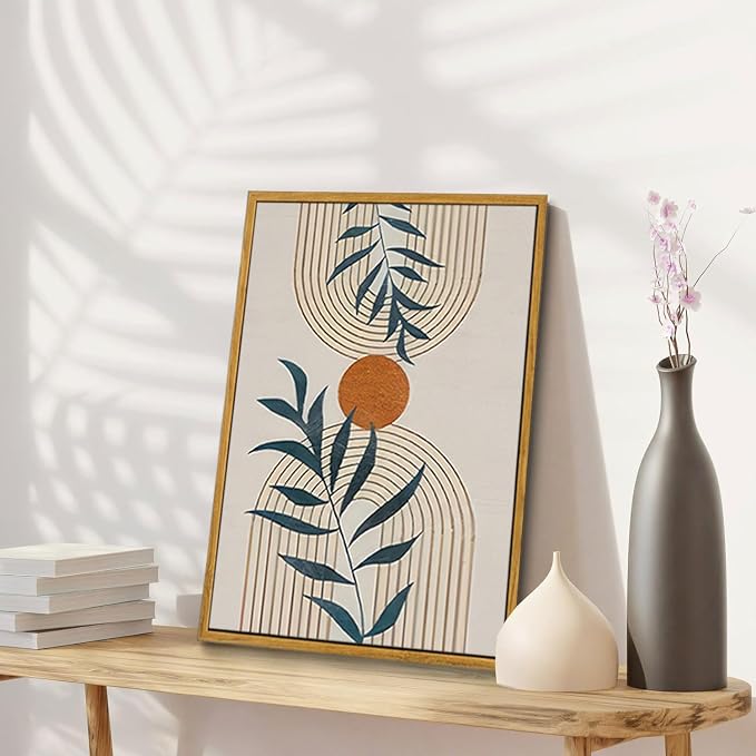 Bwodke Boho Wall Art, Framed Abstract Wall Art, Botanical Neutral Canvas Wall Decor, Large Mid Century Plant Pictures Set of 3, Modern Minimalist Paintings for Bedroom Living Room Bathroom