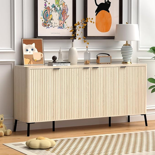 Buffet Cabinet, 63" Large Sideboard Buffet Cabinet with Storage, Modern Fluted Sideboard with 4 Doors, Wood Credenza Coffee Bar Storage Cabinet, for Living Room, Kitchen, Hallway, Oak