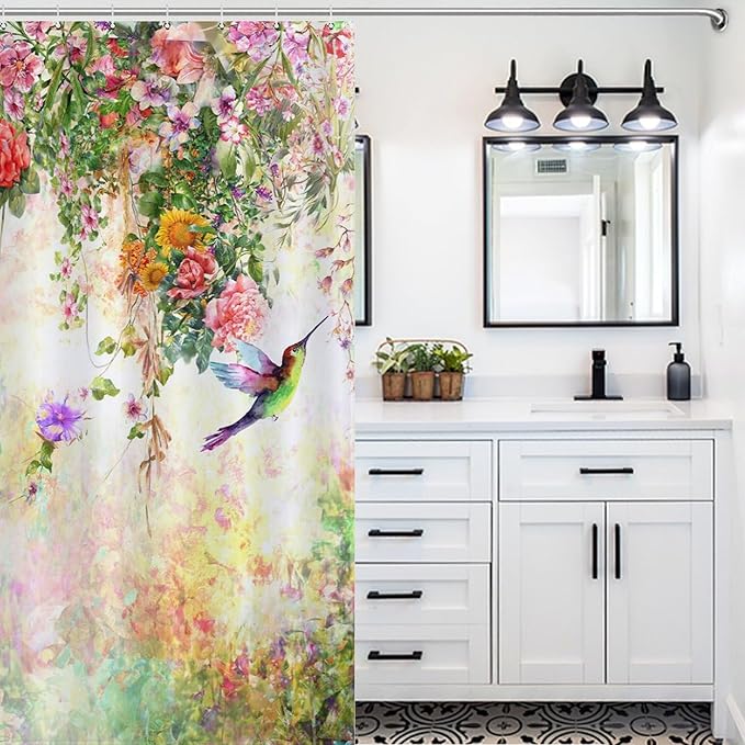 Watercolor Flowers Hummingbird Shower Curtain,Watercolor Floral with Tropical Flower Bird Butterfly Spring And Summer Waterproof Shower Curtains for Bathroom Decor 12 Pack Hooks 66x72in（168x183cm）