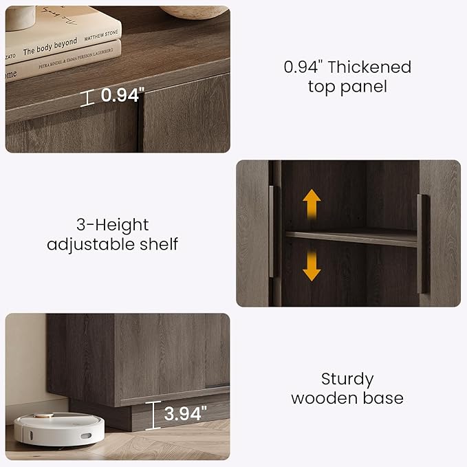 ModernMate 63'' Sideboard Buffet Cabinet with 4 Sliding Doors, Wood Credenza Storage Cabinet with Pedestal Base, Large Side Board with Adjustable Shelf for Living Room, Kitchen, Hallway, Dark Walnut