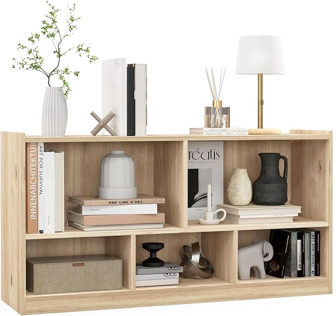 DORTALA 2-Tier Bookcase, 5 Cube Wood Storage Cube Bookshelf, Floor Standing Display Storage Shelf with Non-Slip Foot Pads, Storage Organizer Bookcase for Home Office, Living Room (Natural)