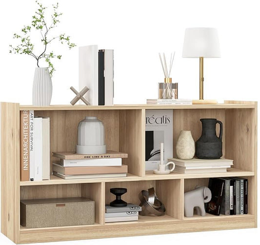 DORTALA 2-Tier Bookcase, 5 Cube Wood Storage Cube Bookshelf, Floor Standing Display Storage Shelf with Non-Slip Foot Pads, Storage Organizer Bookcase for Home Office, Living Room (Natural)