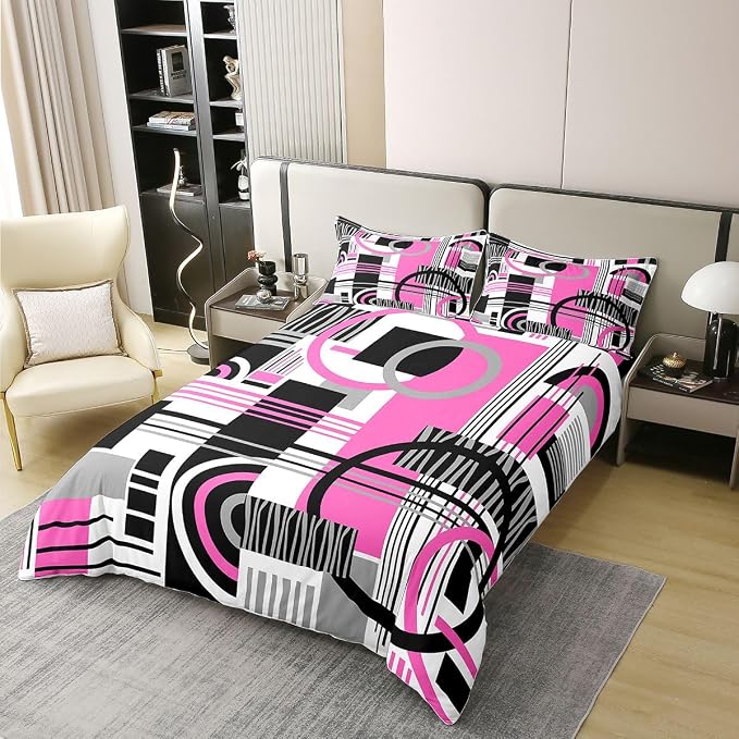 Erosebridal Art Deco Mid Century Duvet Cover Set Retro Modern Abstract Geometric 100% Cotton Comforter Cover Black and White Fuchsia Circles Stripes Twin Bedding Sets for Girls, Contemporary Bed Set