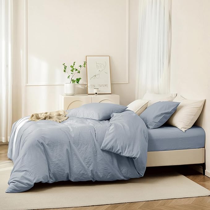 JIYUAN 100% Washed Cotton Duvet Cover Set 3 Pieces Super King, 1 Duvet Cover 108x98 Inches(Comforter Not Included) and 2 Pillowcases,Linen Feel Bedding Set Comfy and Breathable, Heathered Light Blue
