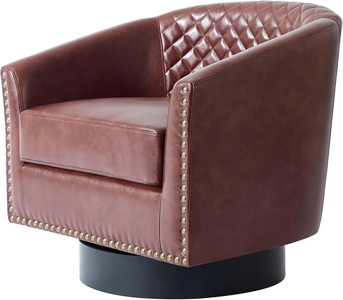 UIXE Swivel Accent Chair, PU Leather Barrel Club Chair for Living Room, Upholstered Armchair Comfy Single Sofa Bedroom Reading Seat - Red Brown