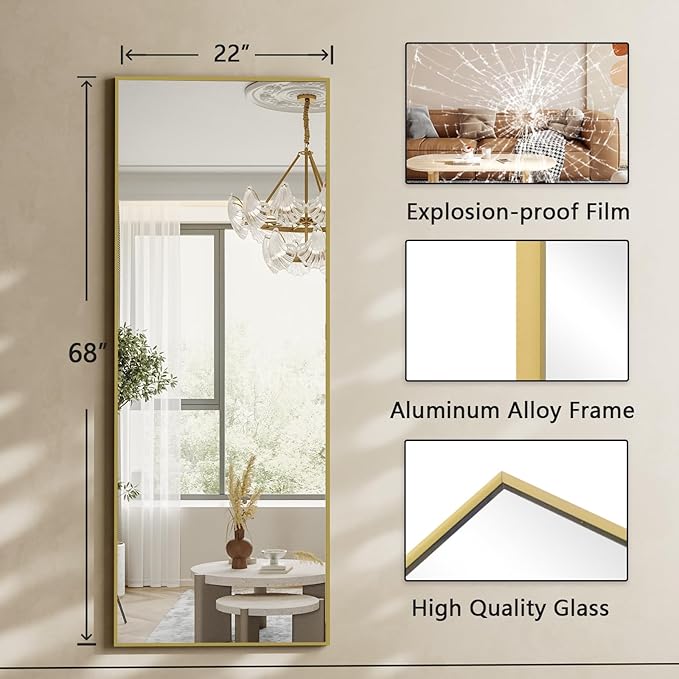 Koonmi 68"x22" Floor Mirror Full Length, Bedroom Floor Body Mirror with Stand, Large Gold Mirror, Leaning, Standing or Hanging Horizontally/Vertically