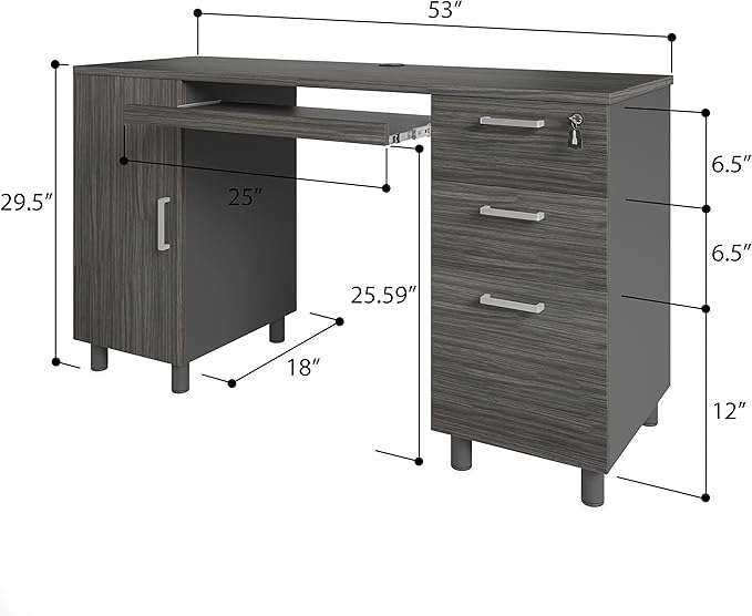 Modern Design Venice Computer Desk with Lockable Drawers, 53 Inch Home Office Desk with Storage Cabinet, Keyboard Tray & Cable Management, Modern Study Writing Desk for Small Spaces, Black and Grey