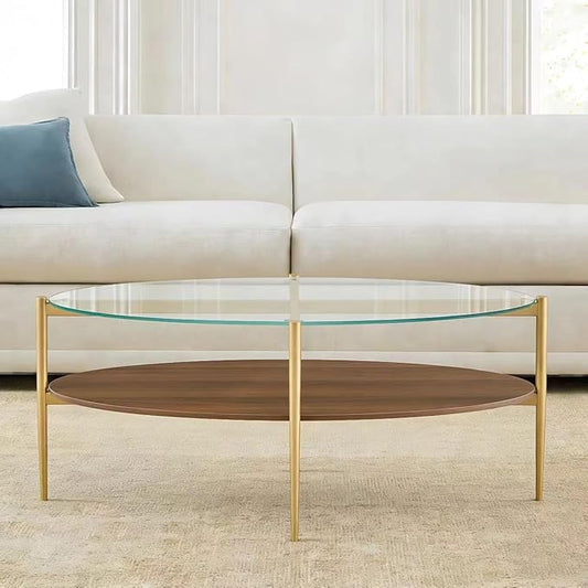 Shrine Oval Coffee Table, Mid-Century Modern Design, 2-Tier Structure, Clear Glass Top and Walnut MDF Shelf, 47" D x 21" W x 17" H, Sleek Conical Metal Legs with Gold Finish