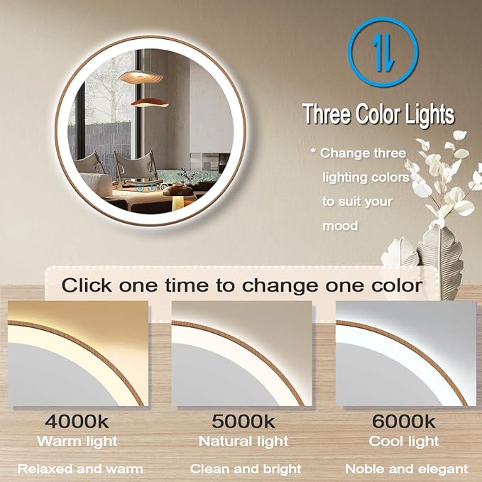 Wood Frame Round LED Bathroom Mirror With Lights 20 Inch, Lighted Vanity Wall Mirror, 3 Color Dimmable Anti-Fog Smart Circle Mirror