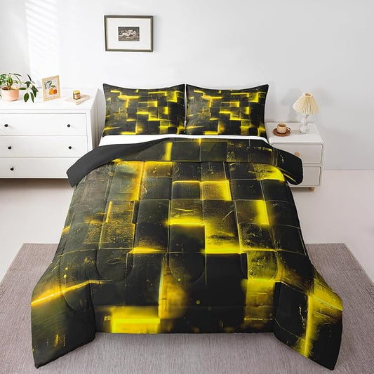Black Yellow Abstract Comforter King Gradient Square King Bedding Set Grid Down Comforter Neon Checkered Bed Set Glowing Plaid Quilted Duvet 3D Modern Bedroom Decor 3pcs (Black Reversible)
