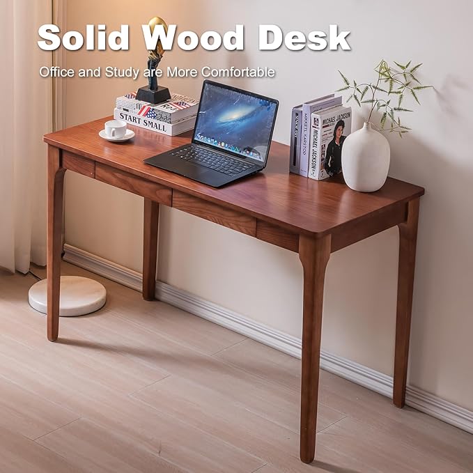 Solid Wood Desk with Drawers, Home Office Desk for Small Spaces, Gaming Work Study Desk, Student PC Desk for Bedroom, Easy to Assemble (Cherry Color, 47.2 inch)
