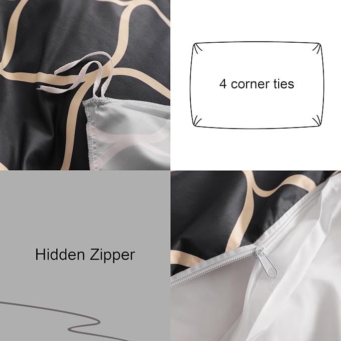 NTBAY 2 Pieces Curve Pattern Duvet Cover Set, Brushed Microfiber Soft Black and Beige Twin Duvet Cover Set, Reversible Zipper Comforter Cover with Ties and 1 Pillow Sham