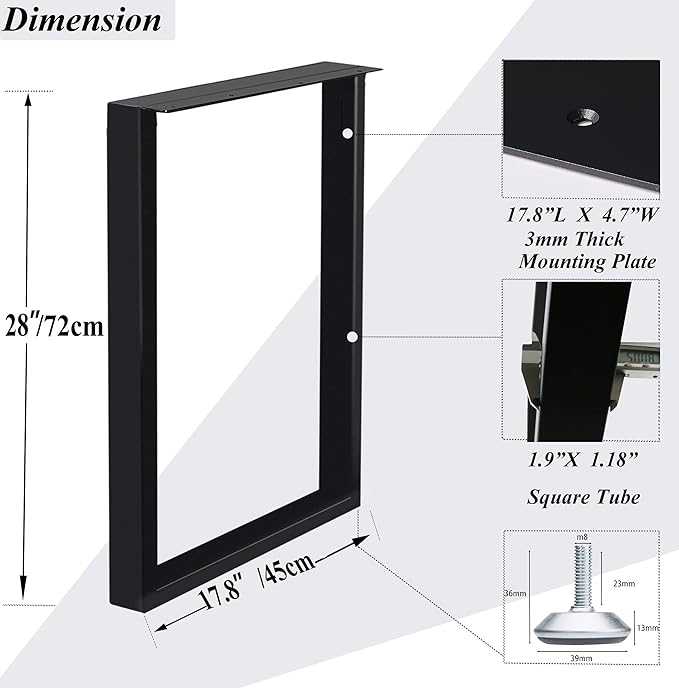 Metal Table Legs 28 Inch,Table Legs Replacement Heavy Duty Square Tube Desk Legs Furniture Legs for Coffee Table, Dining Table,