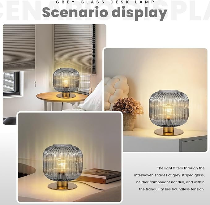 Gray Table Lamps for Bedroom Set of 2, Mid Century Gold Table Lamp with Smoke Glass Shade, Ribbed Desk Lamp Decorative Side Table Lamps for Living Room Office Corner Shelf