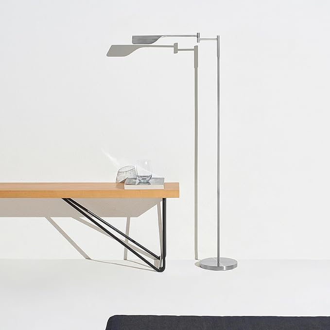 Brightech Leaf Pharmacy LED Reading Lamp, Dimmable Floor Lamp with Easy Adjustable Rotation Over Chair or Desk for Living Room, Work Light for Office, Modern Minimalist Home Decor - Platinum Silver