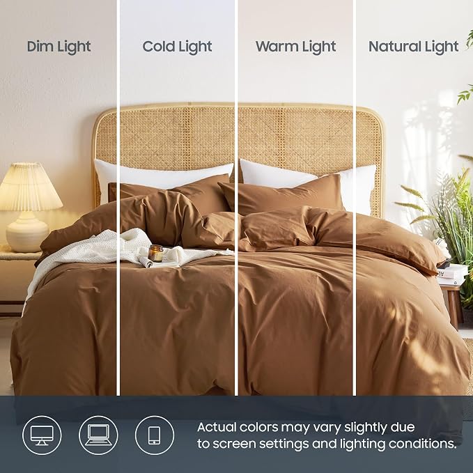 Wake In Cloud - Cotton Duvet Cover Set, 100% Washed Cotton, Linen Like Textured, Breathable Durable Comfy Farmhouse Neutral Bedding Set, 3 Pieces, Terracotta, Queen Size