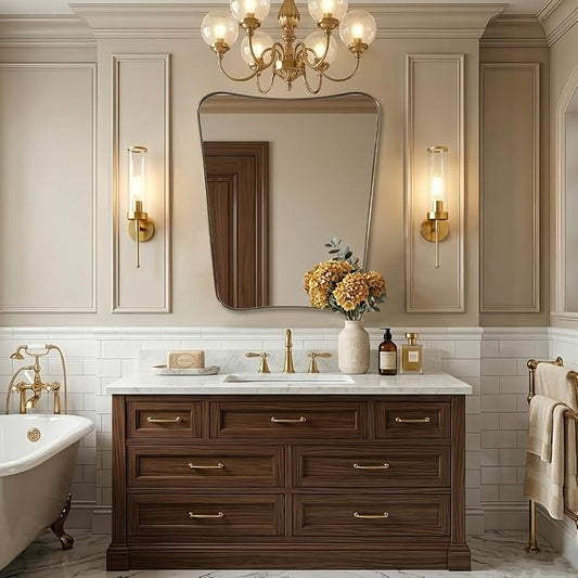 ANDY STAR Brushed Brass Mirror, 30"x36" Mirrors for Bathroom Sink, Champagne Bronze Scalloped Mirror in Rust-Proof Stainless Steel Frame, Buterfly Shaped Design Ideal for Bathroom Remodel