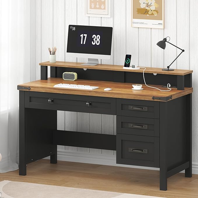 YOMILUVE Farmhouse Computer Desk with Drawers, 47" Small Computer Desk with Power Outlets, Home Office Desk with Monitor Stand & 4 Drawers, Writing Study Table, Brown and Black