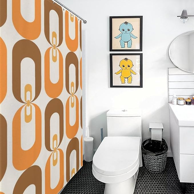 Mid Century 70s Pattern Shower Curtains Vintage Geometric Orange Thermal Insulated Washable Waterproof Fabric for Bathroom Decor Bathtub with 12 Hooks 55x72in（140x183cm）