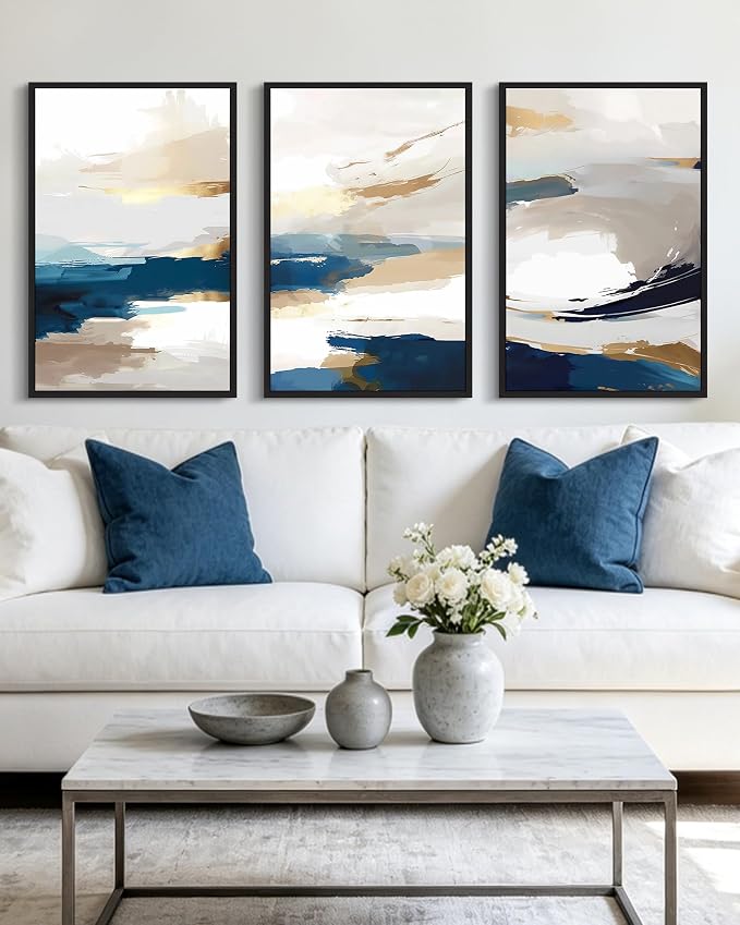 KUVIOKE Navy Blue Abstract Framed Canvas Wall Art Graffiti Shape Pastel Wall Decor Modern Minimalist Art Painting for Bedroom Living Room 16x24in (Black Framed)