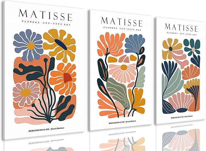 BingruiArt Matisse Wall Art Canvas Colorful Boho Flower Poster Abstract Pictures Set of 3 Minimalist Plant Leaves Painting Prints Decor Aesthetic for Living Room Bedroom Dorm 12"x16" Framed