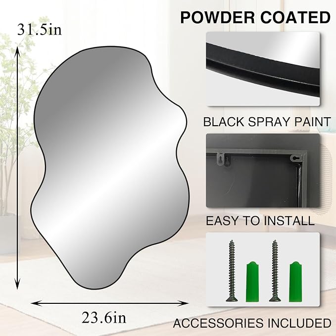 Irregular Wall Mirror, 31.5"x23.6" Asymmetrical Frameless Mirrors, Organic Shaped Mirrors for Bathroom Bedroom Hallway Entryway Living Room, Horizontal or Vertical Hanging