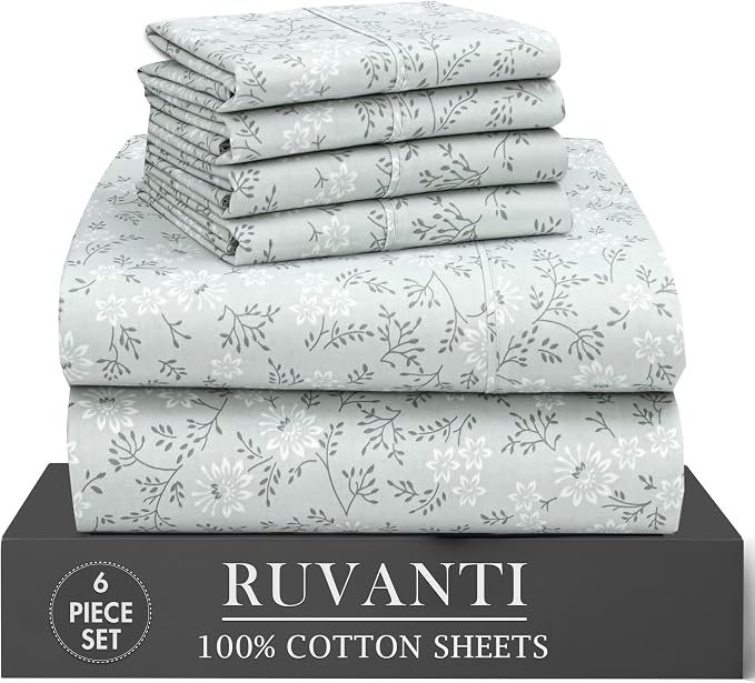 RUVANTI 100% Cotton Percale Sheets California King Size 6 Piece Set, Cooling Bed Sheets for Hot Sleepers, Deep Pocket 14”, Breathable Lightweight & Durable, Crisp Hotel Style Sheets, Everbloom Studio