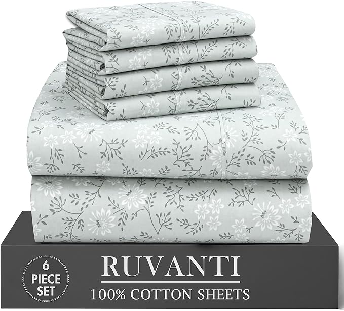 RUVANTI 100% Cotton Percale Sheets King Size 6 Piece Set, Cooling Bed Sheets for Hot Sleepers, Deep Pocket 16”, Breathable Lightweight & Durable, Crisp Hotel Style Sheets, Everbloom Studio