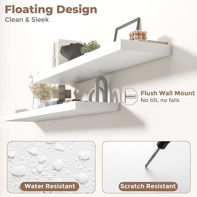 Floating Shelves for Wall with Invisible Brackets, Wall Mounted Engineered Wood Shelves with Wood Grain for Living Room, Bedroom, Bathroom, Kitchen Decor and Storage, Oak, 55"L Set of 2, White