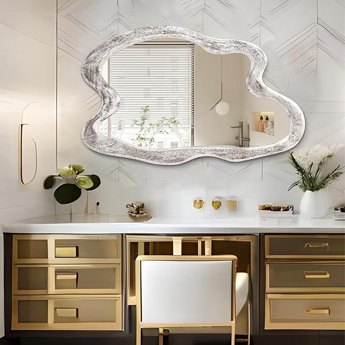 AAZZKANG Irregular Wooden Wall Mirror 28"x20" Asymmetrical Large Minimalist Decorative Mirrors for Wall,Rustic Irregular for Bedroom Living Room Entryway