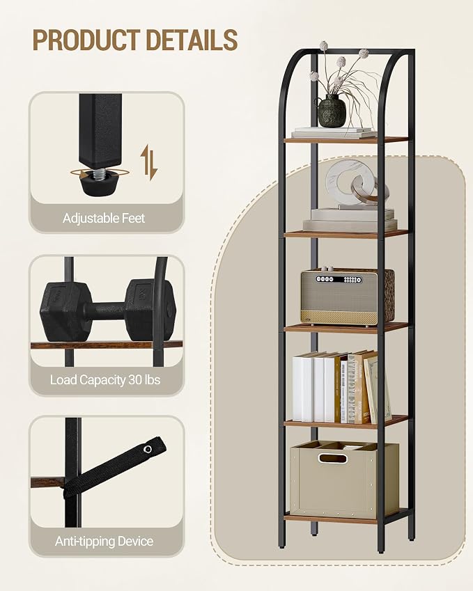Hzuaneri Bookshelf Bookcase Narrow Bookcase Shelf Organizer with Steel Frame for Study Living Room Bedroom Kitchen Home Office Industrial Bookshelf 5-Tier Rustic Brown BC55001B