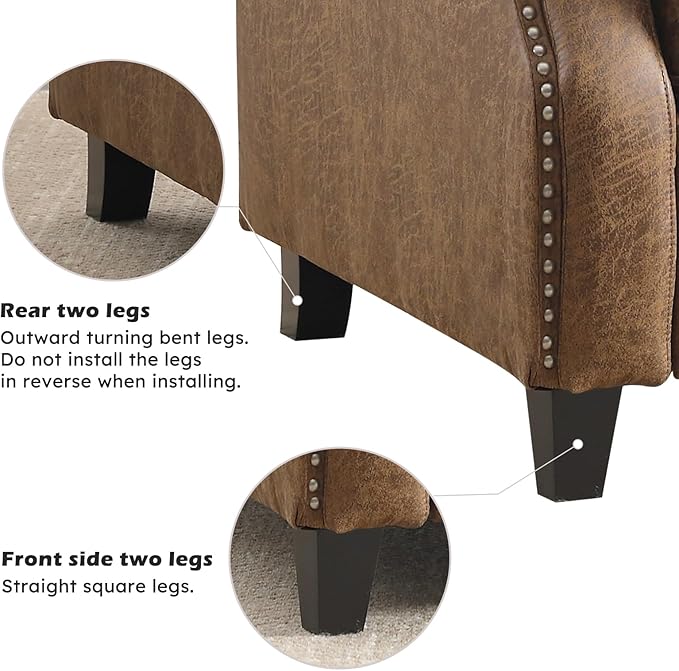 Push Back Recliner Chair Faux Leather Pushback Armchair with Rivet Decoration Wingback Single Sofa Chair with Padded Seat Solid Wood Legs for Living Room, Comfy Upholstered, Brown