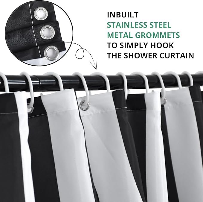 Black and White Extra Long Shower Curtain, Striped Boho Minimalist Modern Waterproof Fabric Machine Washable for Bathroom Decor Bathtub with Hooks 72Wx78H