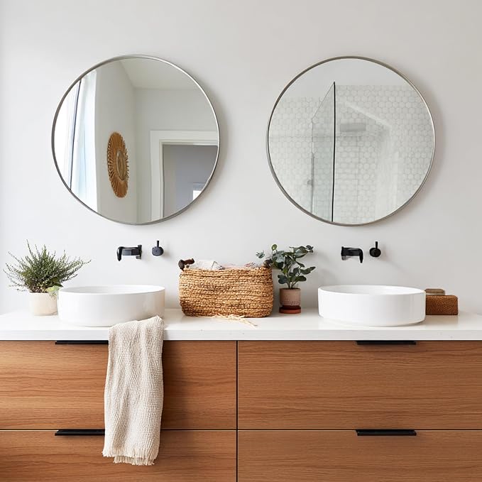 Sunniry Silver Round Mirror 24 inch, 2 Pack Silver Circle Mirror, Round Bathroom Mirrors Metal Frame for Bathroom, Bedroom, Living Room, Hallway.
