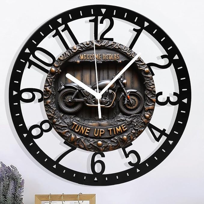 Metal Wall Clock for Living Room -10" Motorcycle Wall Decor Garage Art Vintage Bike Silent Non Ticking,Battery Operated, Antique Wood Clocks for Farmhouse,Dining Room,Bedroom,Kitchen Clock Wall Decor-