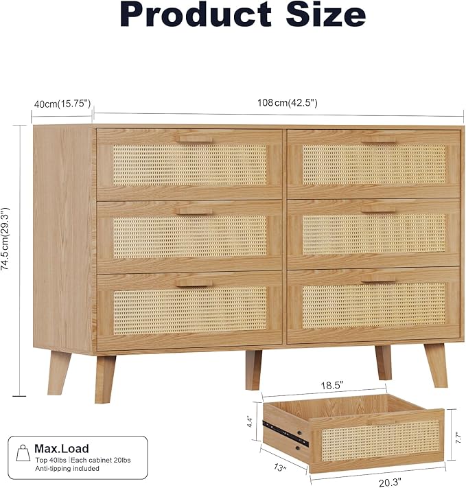 Dresser for Bedroom with 6 Drawers – Wide Chest of Drawers with Pulls Handles, Solid Wood Legs, Easy Assembly, Farmhouse Tall Dressers for Closet, Living Room,Hallway and Entryway Oak