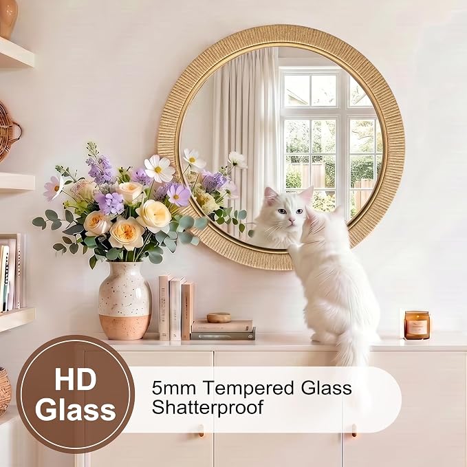 28"x28" inch Large Round Rattan Mirror for Wall, Boho Decorative Wicker Mirror Waterproof Synthetic Rattan Frame, for Bathroom, Bedroom, Living Room, Entryway