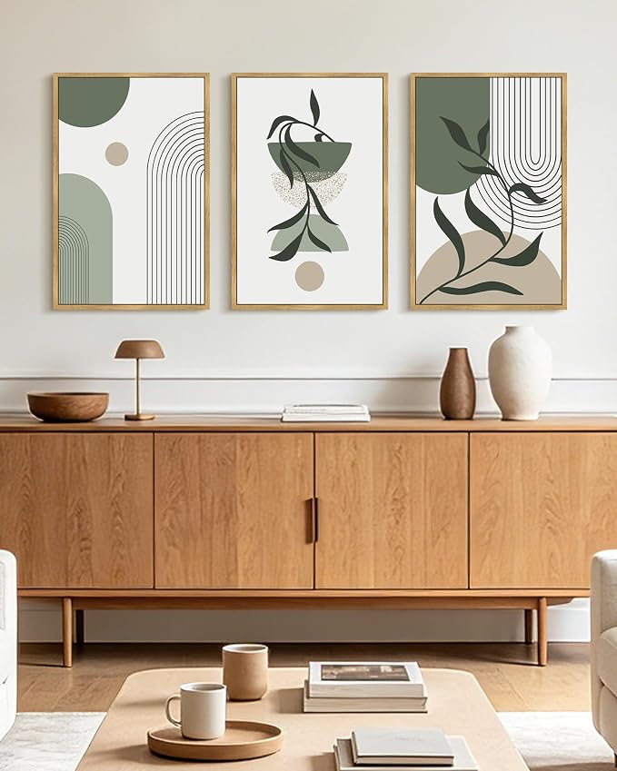 KUVIOKE Boho Wall Art Framed Botanical Modern Plants Wall Printing Green Neutral Abstract Geometric Prints Bohemain Sage Decor for Farmhouse Living Dining Room 16x24in (Natural Framed)