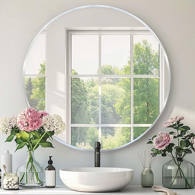 Round Silver Mirror, 24 Inch Circle Silver Mirror, Metal Frame Round Wall Mounted Mirrors for Bathroom, Living Room, Bedroom, Entryway, Vanity, Chrome, Nickel