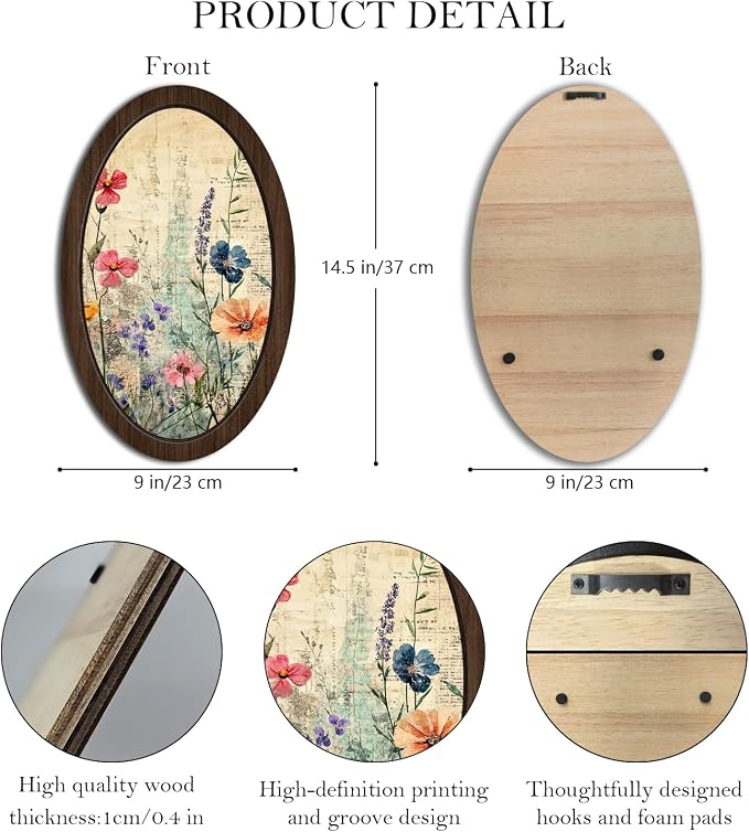 UYIKG Vintage Cottagecore Floral Wall Art,Floral Botanical Oval Framed Wall Decor,Rustic Farmhouse Cottage Core Wooden Framed Decor for Theme Room Home Bedroom Living Room Home Office 9x14.6 in