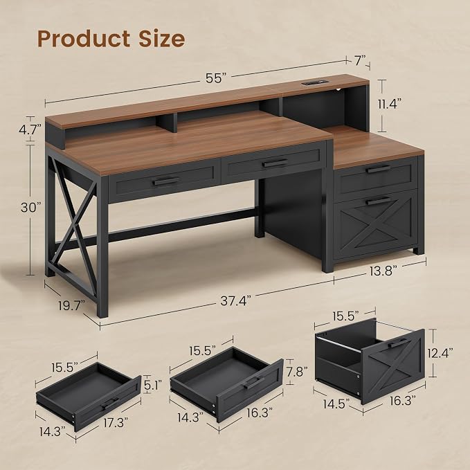 SEDETA Farmhouse Home Office Desk with File Drawer & Power Outlet, Computer Desk with 4 Drawer, Storage Shelves, Printer Cabinet and Monitor Shelf, Gaming Desk with Led Lights, Black Brown