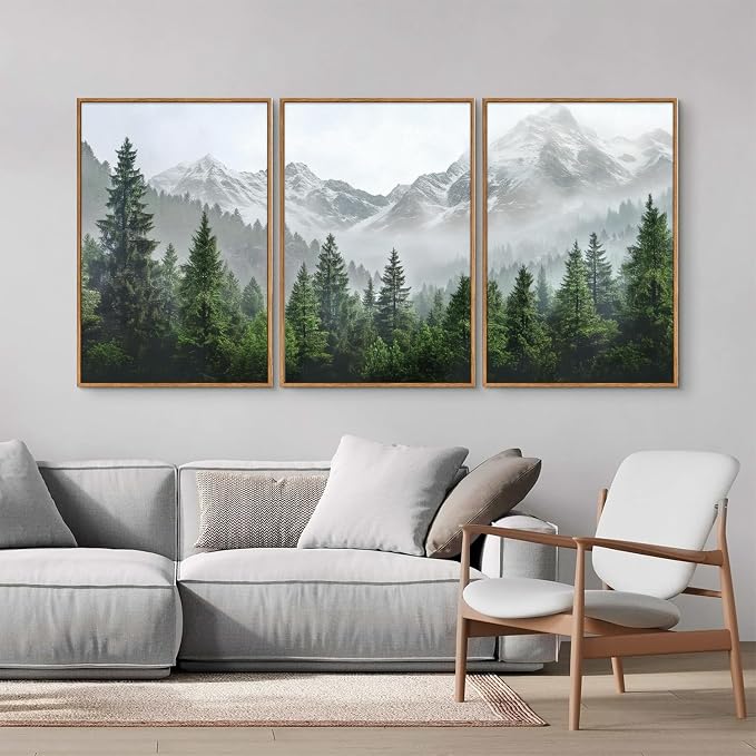 KaiWithYuan Misty Snow Mountain Framed Canvas Wall Art, Snowy Pine Tree Woodland Wall Decor, Calming Nature Forest Art Paintings, Minimalist Landscape Artwork for Bedroom Living Room Office 16"x24"x3