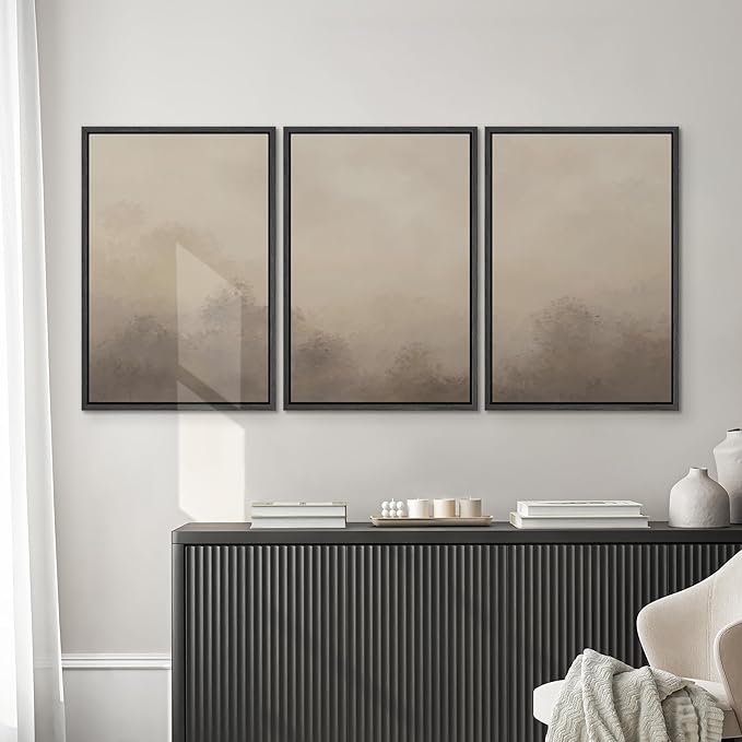 SIGNWIN Framed Canvas Print Wall Art Set Neutral Misty Forest Landscape Earth Tone Illustrations Modern Art Decorative Boho Relax/Zen Nordic for Living Room, Bedroom, Office - 24"x36"x3 Black